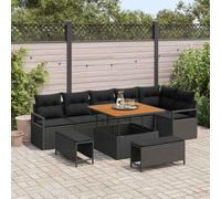 QJBSAVVA Salon de jardin en polyrotin noir, 100 x 100 x 71 cm, 9 pièces, avec bois d'acacia, meubles d'extérieur modulaires et résistants aux intempéries, pour balcon, terrasse, ensemble de meubles de