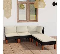 QJBSAVVA Salon de jardin en rotin noir 60,5 x 64,5 x 67 cm, coussins crème, pieds en eucalyptus, cadre en acier, terrasse de balcon, 5 pièces