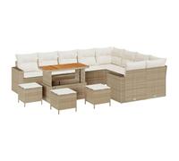 QJBSAVVA Salon de Jardin Modulable 14 Pièces, Ensemble Canapé d'Extérieur en Résine Tressée et Acacia avec Table Basse et Repose-Pieds, Mobilier de Terrasse, Beige et Crème