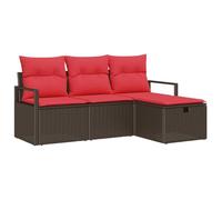 QJBSAVVA Salon de Jardin Modulaire 4 Pièces en Résine Tressée Polyrotin Marron et Rouge, Ensemble Canapés d'angle, Siège Central et Pouf Repose-Pieds avec Coffre de Rangement
