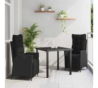 QJBSAVVA Salon de jardin noir en polyrotin 80 x 80 x 73 cm - Chaises réglables et table en verre - Design moderne et robuste - Pour balcon, terrasse, camping