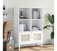 QJBSAVVA SENJA Bibliothèque en pin massif avec aspect rotin, blanc, 90 x 35 x 130 cm, étroite étagère avec portes, pour salon, bureau et balcon