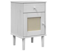 QJBSAVVA SENJA Table de chevet aspect rotin blanc, console de chevet en pin massif avec tiroir et compartiment, 40 x 35 x 65 cm, table d'appoint bohème au design du milieu du siècle pour chambre à