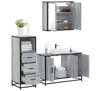QJBSAVVA Sonoma - Ensemble de 3 armoires de salle de bain - Gris - Meuble de salle de bain avec miroir - Meuble de lavabo et armoire à miroir - Bois - Métal et verre - Élégant et durable - Pour salle