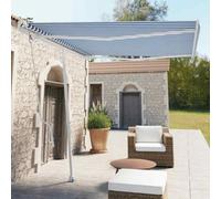 QJBSAVVA Store vertical automatique 300 x 250 cm, bleu et blanc, avec télécommande, manivelle, imperméable, pour terrasse, balcon, jardin