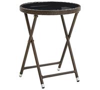 QJBSAVVA Table à Thé de Jardin Pliante 60 cm, Table Basse d'Extérieur en Résine Tressée Marron et Verre Trempé, Table Ronde Gain de Place pour Balcon, Terrasse et Cour