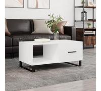 QJBSAVVA Table basse blanche brillante 90 x 50 x 40 cm en bois avec pieds en fer Table d'appoint moderne avec porte pratique pour salon, chambre à coucher, couloir