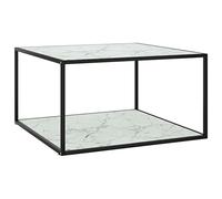 QJBSAVVA Table Basse de Salon Carrée 90x90x50 cm, Table de Canapé Design Moderne avec Plateau en Verre Trempé Effet Marbre Blanc et Structure en Acier Noir Robuste pour Séjour