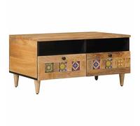 QJBSAVVA Table Basse en Bois de Mangue Massif, Table de Salon Rectangulaire avec 2 Tiroirs de Rangement, Design Naturel et Robuste pour Séjour et Salon, Finition Brune, 80 x 54 x 40 cm