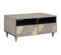 QJBSAVVA Table basse grise 80 x 54 x 40 cm en bois massif de manguier avec 2 tiroirs, compartiment et porte, table basse moderne avec pieds en laiton et façade peinte à la main