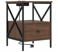 QJBSAVVA Table de Chevet avec Station de Charge Intégrée, Table de Nuit Rustique en Bois d'Ingénierie avec Tiroir de Rangement, Meuble de Chambre 41,5 x 40,5 x 55 cm, Chêne Brun