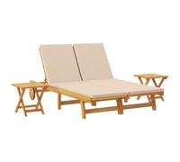 QJBSAVVA Transat de Jardin Double en Bois d'Acacia Massif avec Coussin Beige et 2 Tables Basses Chaise Longue Extérieur pour Terrasse Balcon Cour 199 x 63 x 85 cm