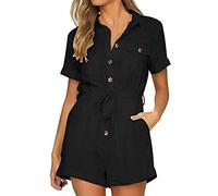 QJDFLL 2026 Bouton Manches Boho Jumpsuit Cuffed Women's Casual Short Playsuit Casual Down Women's Jumpsuit (Black, S)