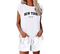 QJDFLL 2026 Ensemble short décontracté pour femme le printemps et l été confortable à col rond avec cordon de serrage Parfait un usage quotidien Idéal associer des baskets(Blanc,XL)