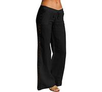 QJDFLL 2026 Femmes Taille Haute Pantalon Large Jambe Mode Cordon élastique Confortable Droite Long avec Poches Coton Lin(Le Noir,XXL)