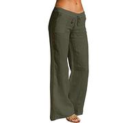 QJDFLL 2026 Femmes Taille Haute Pantalon Large Jambe Mode Cordon élastique Confortable Droite Long avec Poches Coton Lin(armée Verte,XL)