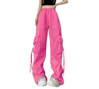 QJDFLL 2026 Pantalon Cargo Femme Coupe Décontractée Baggy Vêtements Noir Taille Haute Fermeture Éclair Mince Cordon avec Poches Lâche Plus La Parachute Vert(Rose Vif,S)