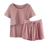 QJDFLL 2026 Pyjama de maternité à Manches pour Femmes, vêtements Nuit, Chemise et Ensemble d Allaitement, Haut maternité, Pantalon Court, avec Robe(Rouge,M)