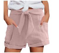 QJDFLL 2026 Short de Sport d été pour Femme, Pantalon en Mousseline léger et décontracté, Court avec Taille Haute Poches à Cordon, élastique, Plage, Tissu(Rose,XL)