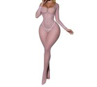 QJDFLL Body en résille à Manches Longues, Lingerie intégrale, Combinaison Moulante, Barboteuse, vêtement d intérieur, vêtements de Nuit(Rose,Taille Unique)
