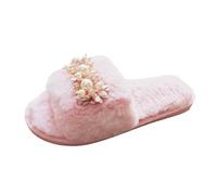 QJDFLL Chaussons Femme Rigolo Dames Mode Hiver en Peluche Perle Fleur décoration Bout Ouvert Fond Plat Pantoufles en Coton(Rose,41)