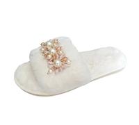 QJDFLL Chaussons Femme Rigolo Dames Mode Hiver en Peluche Perle Fleur décoration Bout Ouvert Fond Plat Pantoufles en Coton(Beige,41)