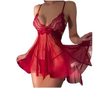 QJDFLL Chemise de Nuit en Dentelle pour Femmes, Maille, Patchwork, Sexy, Dos Transparente, Pure(Rouge,L)