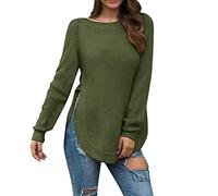 QJDFLL Chemise en Tricot pour Femme à Manches Longues surdimensionnée avec Fente latérale et Ourlet Bas(Vert,XL)