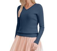 QJDFLL Chemises à Manches Longues pour Femmes, col en V, Hauts décontractés de Printemps, Tricot côtelé, Coupe ajustée, Pulls légers(Marine,S)