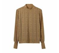 QJDFLL Chemisier en Dentelle pour Femmes, col Montant, Manches Longues, Chemisiers décontractés, Extensible, Slim, habillé, Tunique(Café,M)