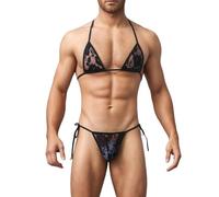 QJDFLL Ensemble de Lingerie pour Homme, Slip Bikini avec détails en Dentelle et Liens latéraux réglables(Le Noir,Taille Unique)