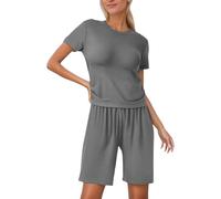 QJDFLL Ensembles courts pour femmes, tenues 2 pièces décontractées, t-shirts à manches courtes et col rond, haut et short à cordon de serrage, ensemble d'été (Grey, XXL)