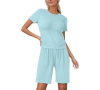 QJDFLL Ensembles courts pour femmes, tenues 2 pièces décontractées, t-shirts à manches courtes et col rond, haut et short à cordon de serrage, ensemble d'été (Sky Blue, M)