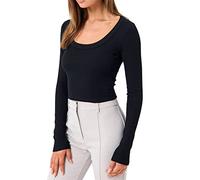 QJDFLL Femmes à Manches Longues Dos Crop Hauts col carré Chemises Moulantes découpées Pull Streetwear(Le Noir,L)
