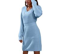 QJDFLL Femmes col en V épaule Goutte à Manches Longues Ceinture Robe Laine tricotée Automne et Hiver Nouveau(Bleu,M)