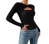 QJDFLL Femmes décontracté à Manches Longues évider irrégulier col Rond t-Shirts Basique t-Pull Haut(Le Noir,XL)