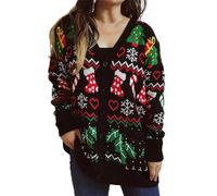 QJDFLL Femmes Mode Casual Manches Longues Boutonnage Col en V Thème De Noël Pull Tricoté Cardigan Imprimés Manteau(Le Noir,S)