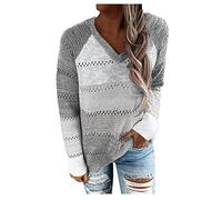 QJDFLL Femmes Occasionnelles Chandail de Mode Manches Longues Chemisiers V-Neck Patchwork Tops Chemisier pour(Grey,XL)