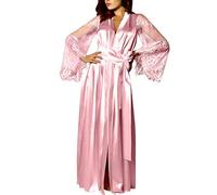 QJDFLL Femmes Satin Long Nightdress Silk Lace Lingerie Nightgown Sleepwear Robe Sexy(Rose,XL)