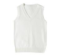 QJDFLL Gilet Pull tricoté à col en V Style Preppy pour Adolescentes, Haut décontracté d école(Blanc,XS)