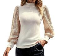 QJDFLL Haut en Tricot Patchwork à Sequins Manches Longues pour Femmes, Automne-Hiver(Beige,S)