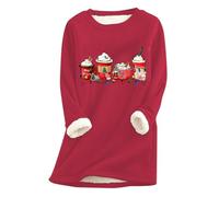 QJDFLL Haut Polaire d Hiver à col Rond pour Femme, sous-vêtement Thermique, Sweat-Shirt en épaisse, Chemisier Ras du Cou Patchwork de Noël(Rouge,XL)