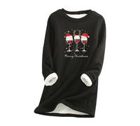 QJDFLL Haut Polaire d Hiver à col Rond pour Femme, sous-vêtement Thermique, Sweat-Shirt en épaisse, Chemisier Ras du Cou Patchwork de Noël(Le Noir,4XL)