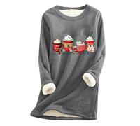 QJDFLL Haut Polaire d Hiver à col Rond pour Femme, sous-vêtement Thermique, Sweat-Shirt en épaisse, Chemisier Ras du Cou Patchwork de Noël(Gris foncé,S)