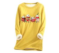 QJDFLL Haut Polaire d Hiver à col Rond pour Femme, sous-vêtement Thermique, Sweat-Shirt en épaisse, Chemisier Ras du Cou Patchwork de Noël(Jaune,M)