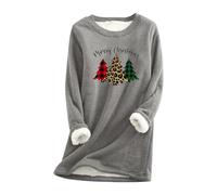 QJDFLL Haut Polaire d Hiver à col Rond pour Femme, sous-vêtement Thermique, Sweat-Shirt en épaisse, Chemisier Ras du Cou Patchwork de Noël(Grey,XL)