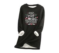 QJDFLL Haut Polaire d Hiver à col Rond pour Femme, sous-vêtement Thermique, Sweat-Shirt en épaisse, Chemisier Ras du Cou Patchwork de Noël(Le Noir,XXL)