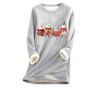 QJDFLL Haut Polaire d Hiver à col Rond pour Femme, sous-vêtement Thermique, Sweat-Shirt en épaisse, Chemisier Ras du Cou Patchwork de Noël(Grey,S)