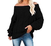 QJDFLL Hauts à épaules dénudées pour Femmes Manches Longues Chemise en Tricot Pull décontracté Chaud(Le Noir,L)