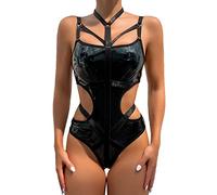 QJDFLL Lingerie Coton Femmes en Cuir Teddy Body Sexy découpe col V à Lacets Nuisette conjointe avec Ensemble String Satin(Le Noir,M)